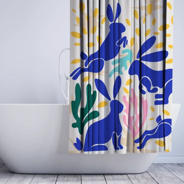 Blue Bunnies in Motion Matisse Shower Curtain