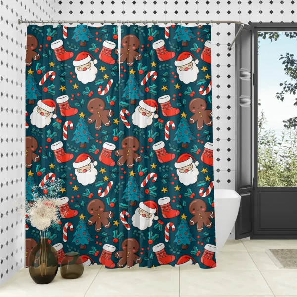 Cute Santa & Gingerbread Christmas Shower Curtain