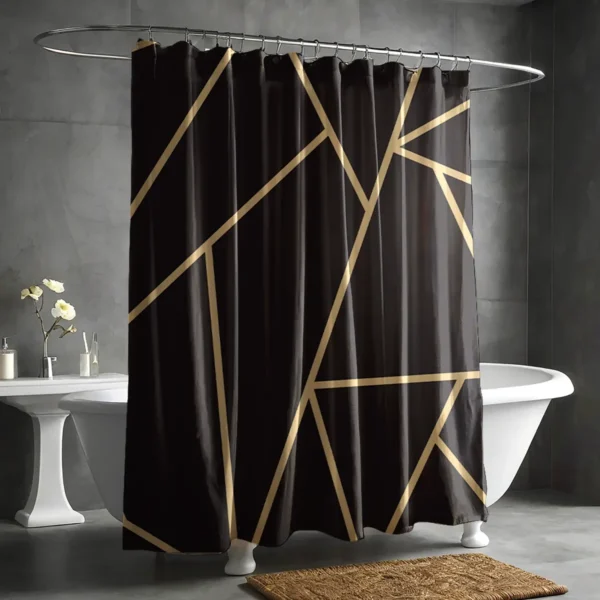 Modern Gold Lines Black Shower Curtain